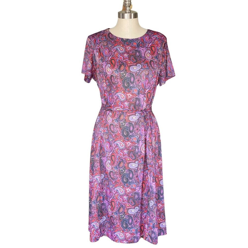 Paisley Pink Purple Vintage Dress, 80s, Matching Belt Neck Tie, CB New York - Picture 2 of 6
